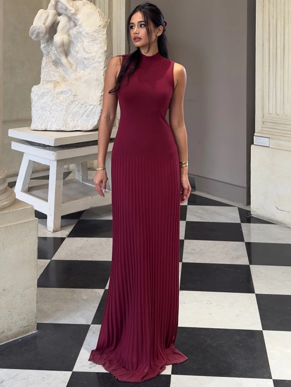 MESHKI Sleeveless Burgundy Maxi Dress with Pleated Skirt